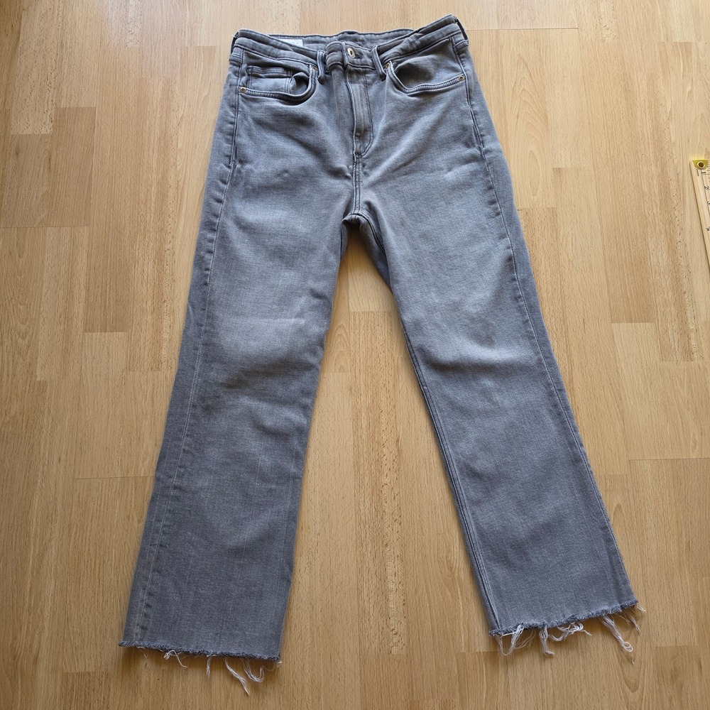 Zara Womens Grey Straight Leg Ankle High Rise Raw Hem Jeans Size 10 Stretch